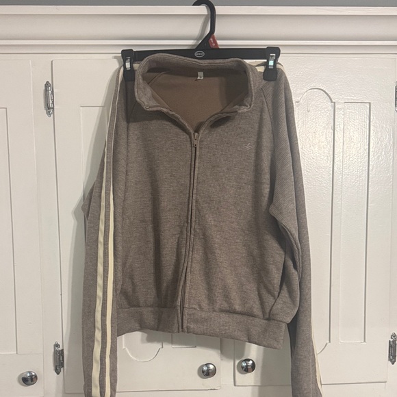 HALARA Jackets & Blazers - HALARA Brown Zip-Up Jacket with Cream Stripe